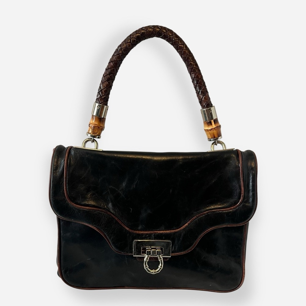 Vintage Elaine Turner Leather Shoulder Bag Black Brown Bamboo Woven Straps